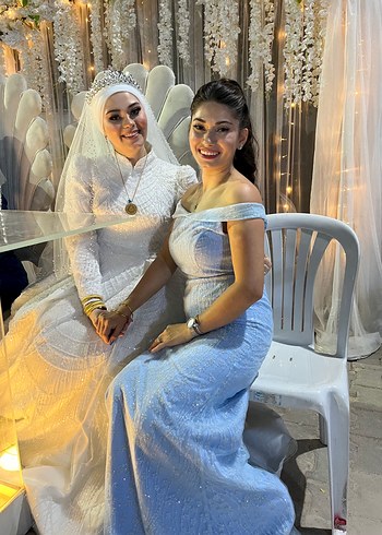 36 Beden Işıltılı Mavi Kayık Yaka Uzun Abiye Elbise