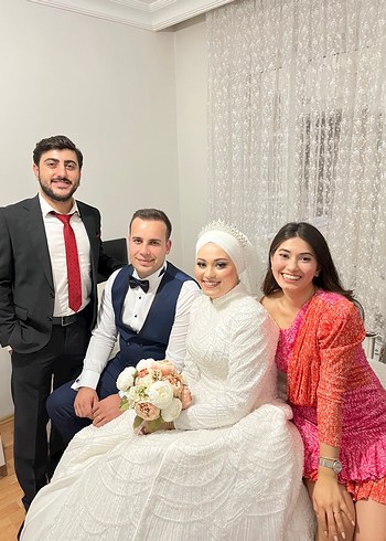 Tek Kollu Turuncu/Pembe Düğün Nişan Elbisesi