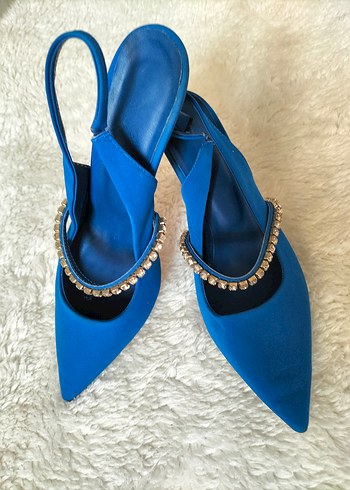 Mavi Süet Stiletto Tokalı Abiye Ayakkabı