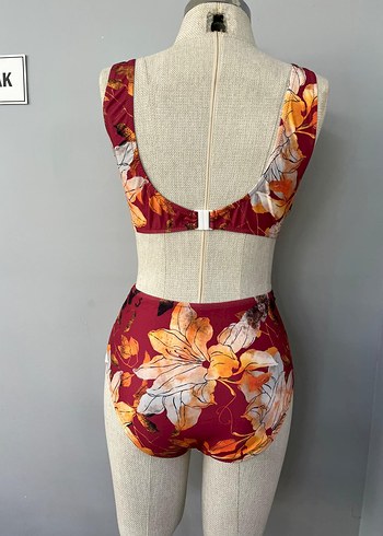 Bordo Çiçek Desenli Bohem Bikini - Görsel 3