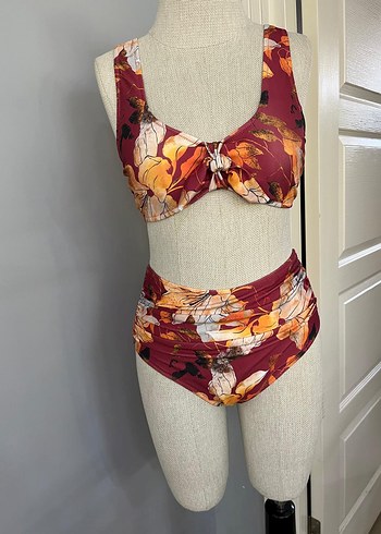 Bordo Çiçek Desenli Bohem Bikini - Görsel 2