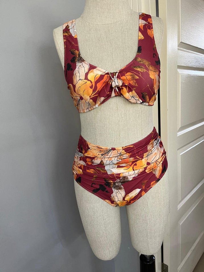 Bordo Çiçek Desenli Bohem Bikini - Görsel 2