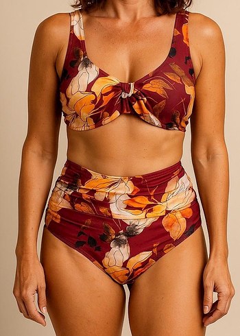 Bordo Çiçek Desenli Drapeli Bikini - Görsel 5