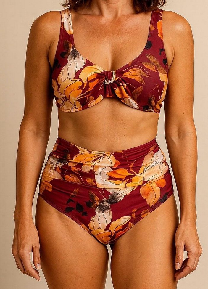 Bordo Çiçek Desenli Drapeli Bikini - Görsel 5