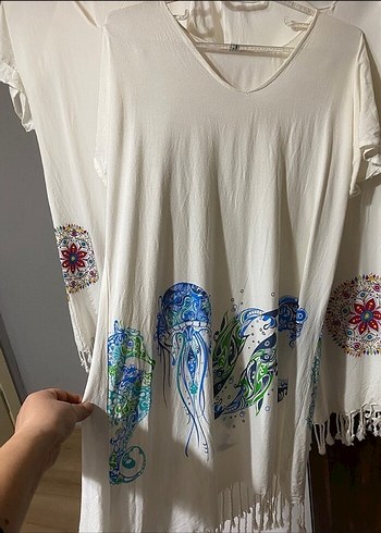 Püsküllü Beyaz Bohem Mini Pareo - Görsel 4