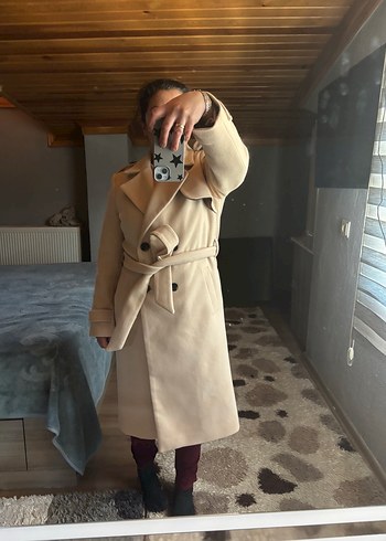 Bej Süet Uzun Kadın Kaban - Görsel 4