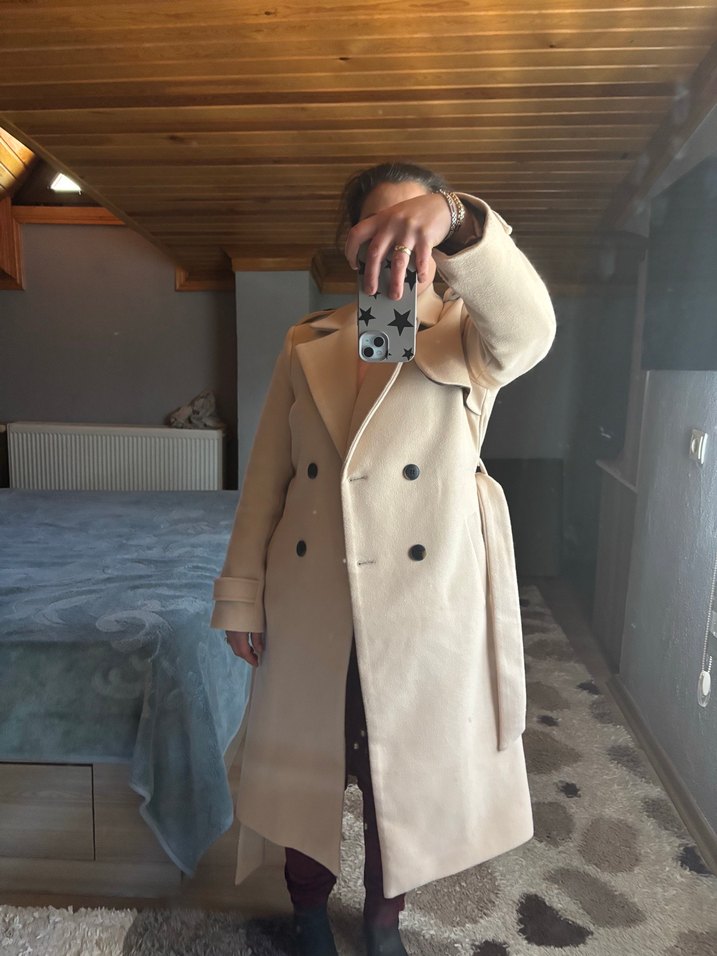 Bej Süet Uzun Kadın Kaban - Görsel 3