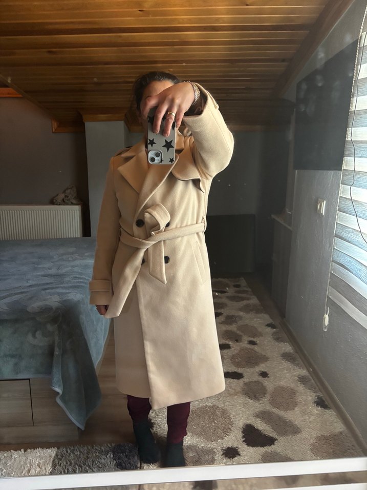 Bej Süet Uzun Kadın Kaban - Görsel 4