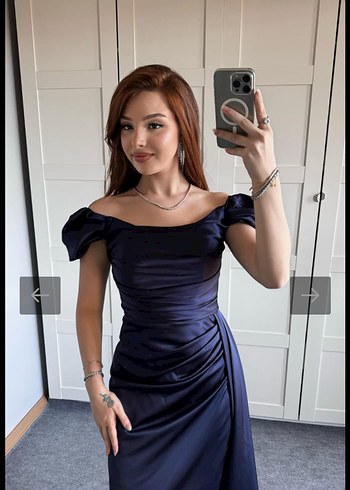 Lacivert Drapeli Midi Abiye Elbise