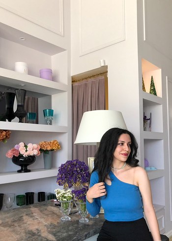 Kadınlar için Mavi Tek Omuz Bluz