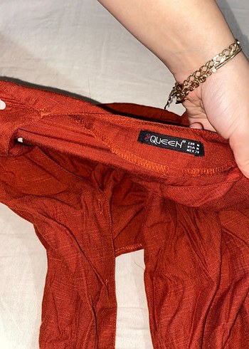 Kırmızı V Yaka Düğmeli Keten Kadın Gömlek - Görsel 3