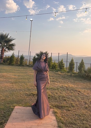 Bej Parlak V Yaka Uzun Kollu Abiye Elbise - Görsel 5