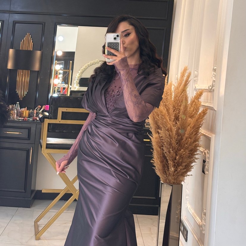 Bej Parlak V Yaka Uzun Kollu Abiye Elbise - Görsel 3