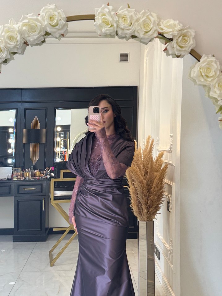 Bej Parlak V Yaka Uzun Kollu Abiye Elbise - Görsel 4