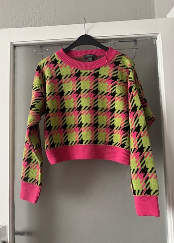 Primark Neon Renkli Kareli Kisa Triko Kazak