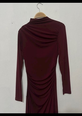 Bordo Drapeli Uzun Kollu Uzun Elbise