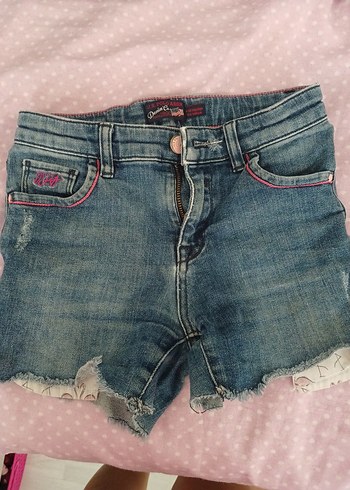 9 Yaş Beden pembe Renk Nakışlı Pembe Detaylı Kız Denim Şort