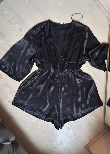 Siyah Saten Mini Kadın Tulum - Görsel 2