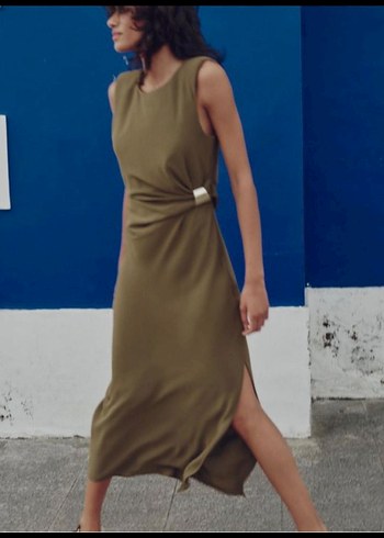 Bej Drapeli Uzun Kolsuz Elbise - Görsel 3