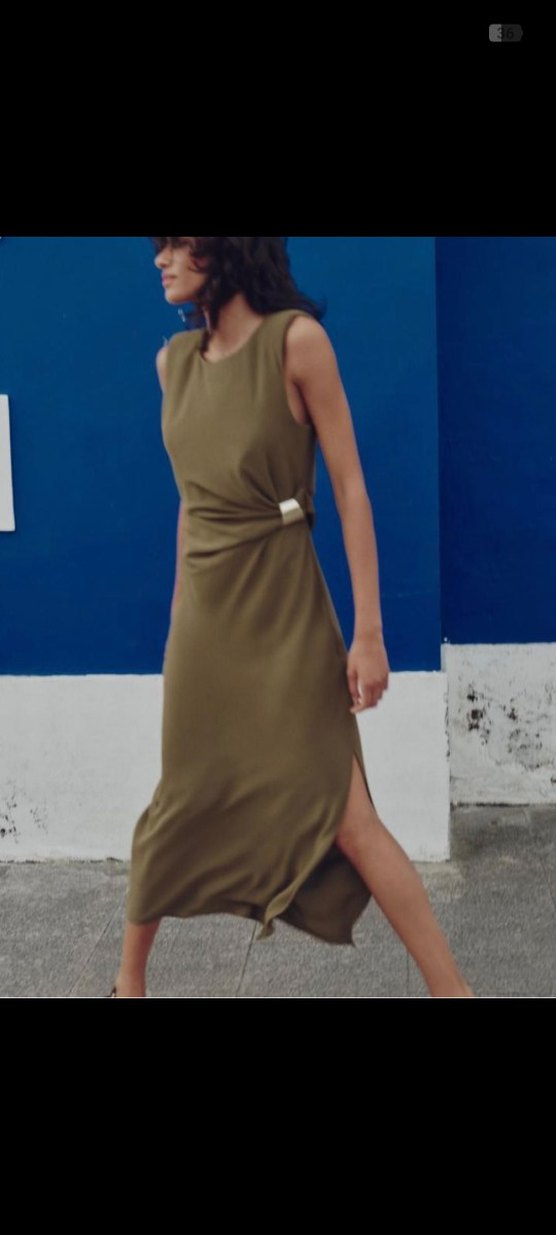 Bej Drapeli Uzun Kolsuz Elbise - Görsel 3