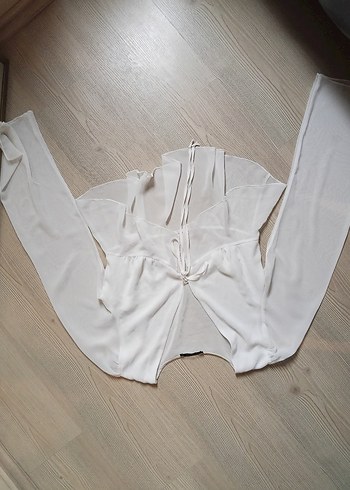 Beyaz Drapeli Straplez Uzun Kollu Bluz - Görsel 2