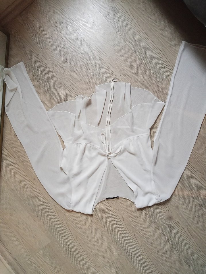 Beyaz Drapeli Straplez Uzun Kollu Bluz - Görsel 2