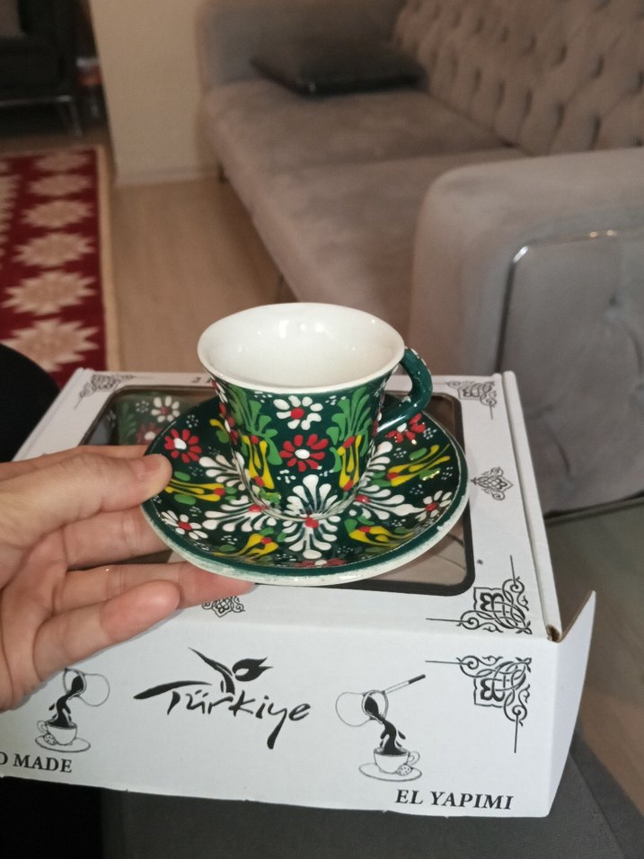El yapımı Yeşil Desenli 2'li Fincan Takımı - Görsel 3