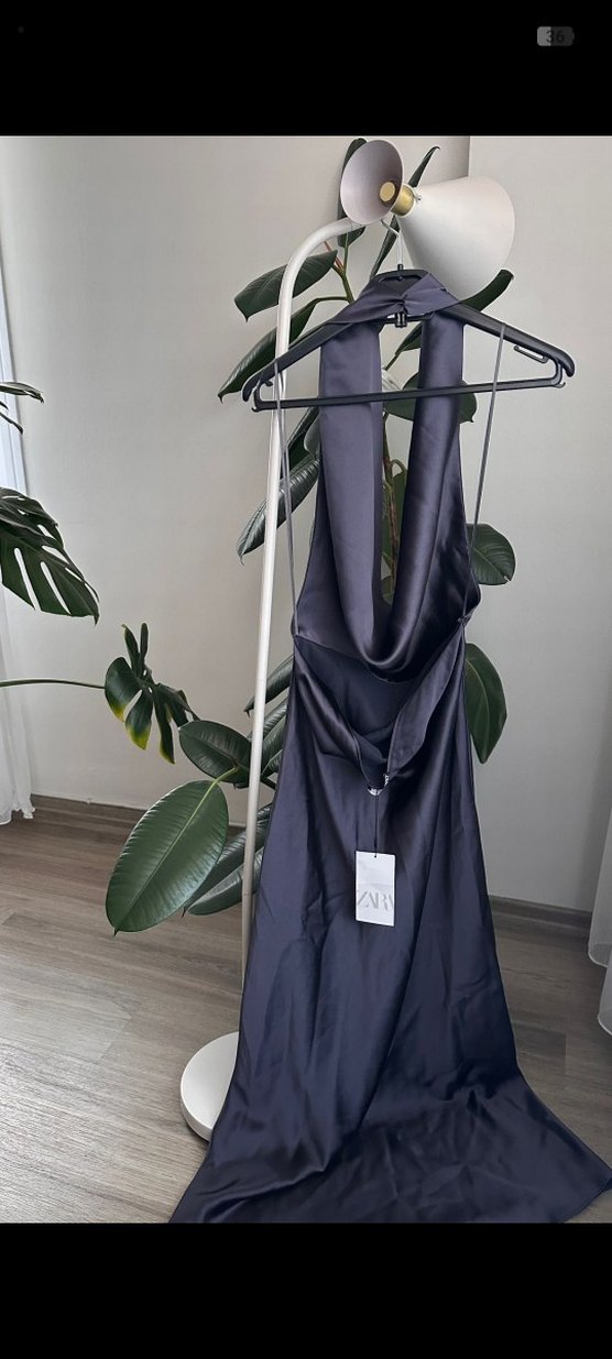 Lacivert Drapeli Uzun Saten Elbise - Görsel 3