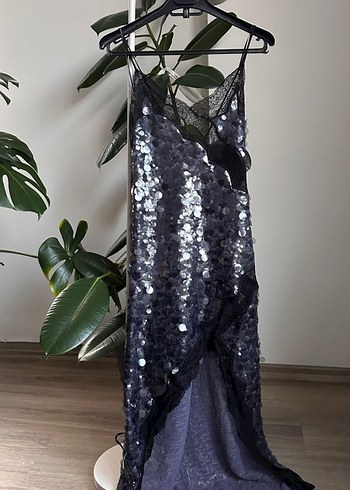 Lacivert İşlemeli Drapeli Uzun Abiye Elbise - Görsel 5