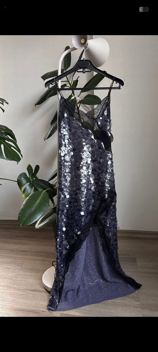 Lacivert İşlemeli Drapeli Uzun Abiye Elbise - Görsel 5