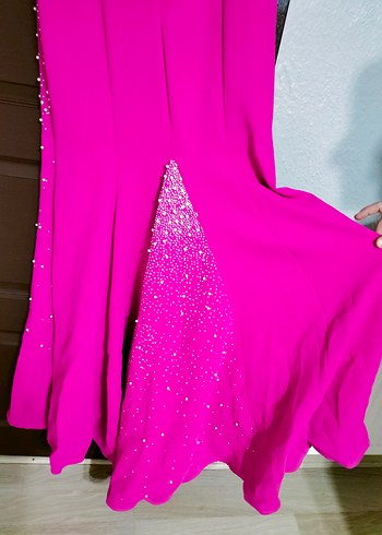 fuşya Uzun taş inci işlemeli Drapeli Abiye Elbise - Görsel 5