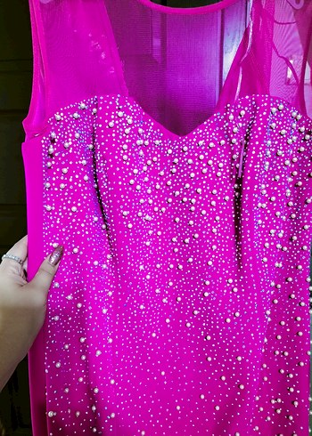 fuşya Uzun taş inci işlemeli Drapeli Abiye Elbise - Görsel 7