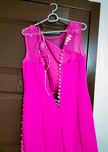 fuşya Uzun taş inci işlemeli Drapeli Abiye Elbise - Görsel 6