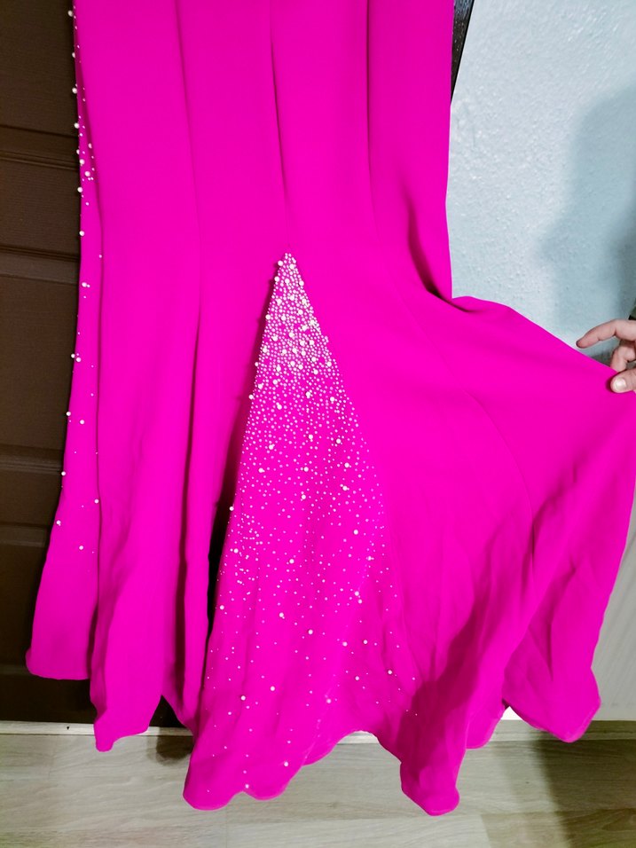 fuşya Uzun taş inci işlemeli Drapeli Abiye Elbise - Görsel 5