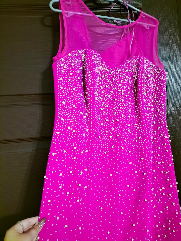 fuşya Uzun taş inci işlemeli Drapeli Abiye Elbise - Görsel 3