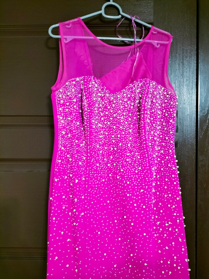 fuşya Uzun taş inci işlemeli Drapeli Abiye Elbise - Görsel 2