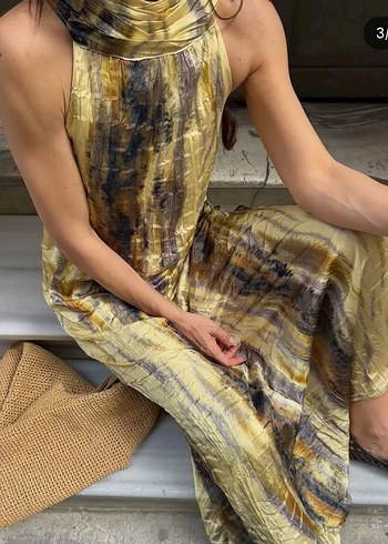 Drapeli Kahverengi Bağlamalı Uzun Elbise - Görsel 5