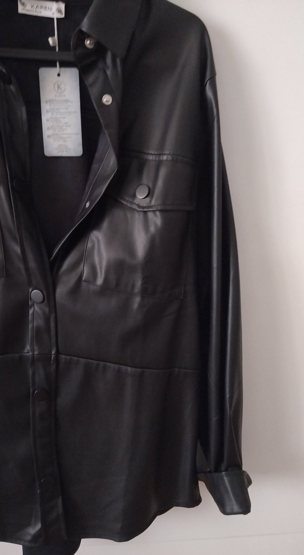 Düğmeli Siyah Deri Kadın Ceket - Görsel 5