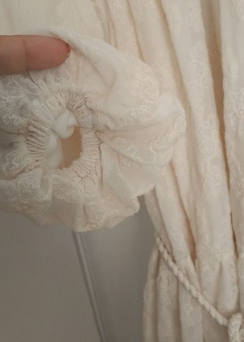 m Beden Bej Bohem V Yaka Uzun Keten Elbise