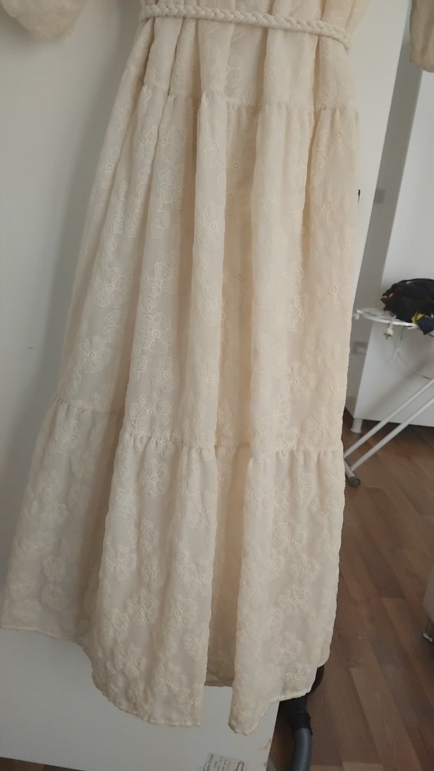 Bej Bohem V Yaka Uzun Keten Elbise - Görsel 5