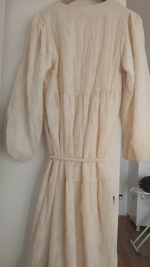 Bej Bohem V Yaka Uzun Keten Elbise - Görsel 4