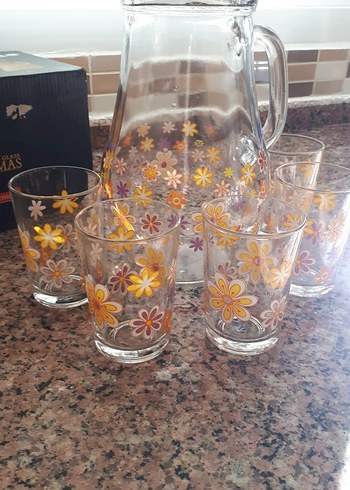 Çiçek Desenli Renkli Cam Sürahi ve Bardak Seti - Görsel 2