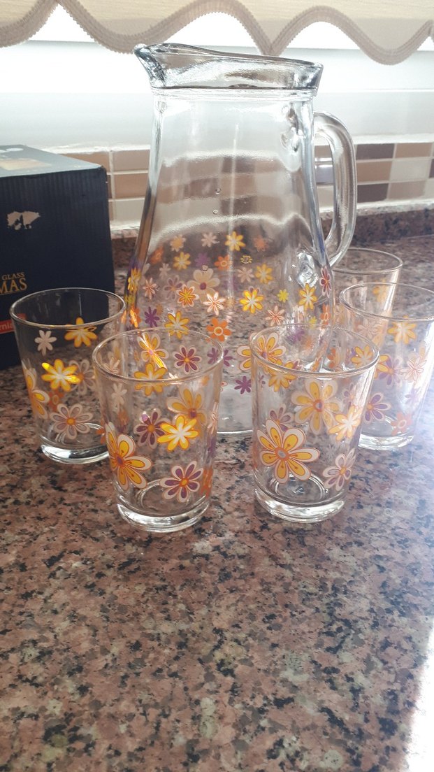 Çiçek Desenli Renkli Cam Sürahi ve Bardak Seti - Görsel 2