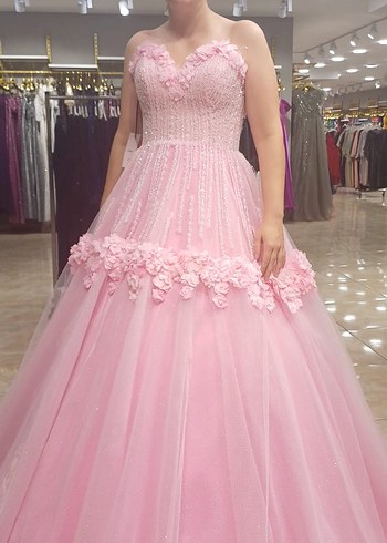 Pembe Straplez Dantel İşlemeli Uzun Abiye