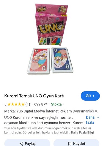Kuromi Temalı Pembe UNO Kart Oyunu