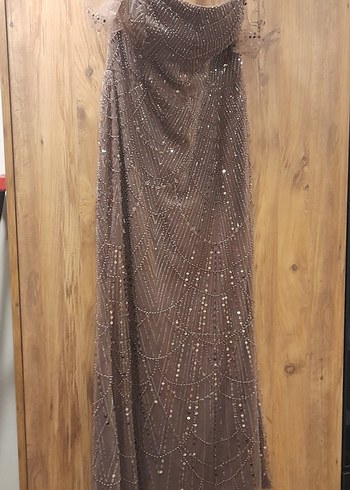Abiye Boncuk İşlemeli Uzun Kahverengi Strappy Elbise