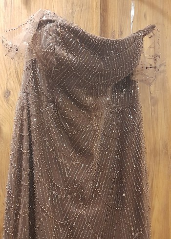 46 Beden Boncuk İşlemeli Uzun Kahverengi Strappy Elbise