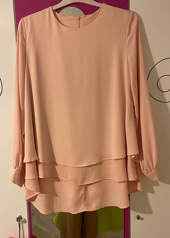 Bej Mini Kadın Tunik, Uzun Kollu, Fırfırlı