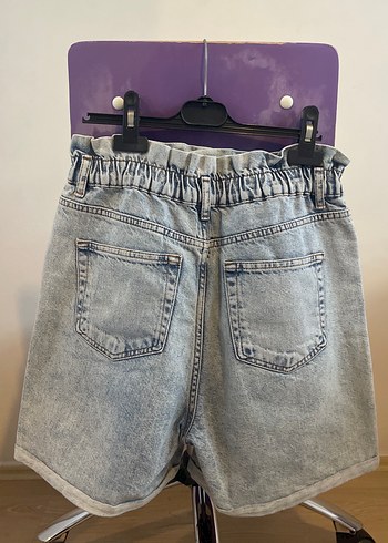 Kadın mavi Beli Lastikli Kemerli Kot Şort - Görsel 5