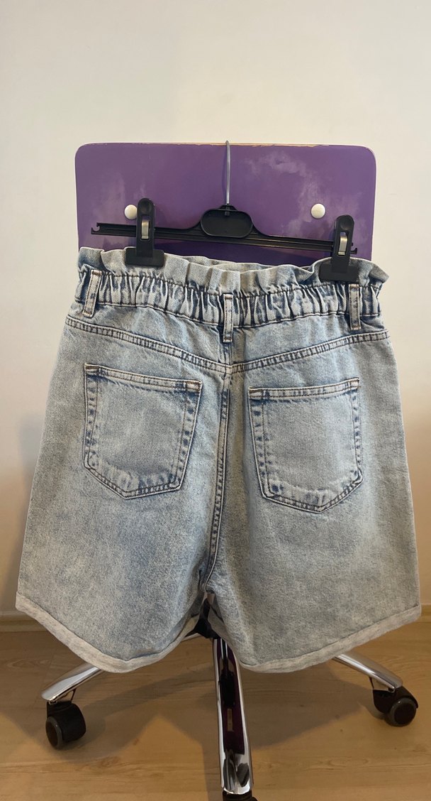 Kadın mavi Beli Lastikli Kemerli Kot Şort - Görsel 5